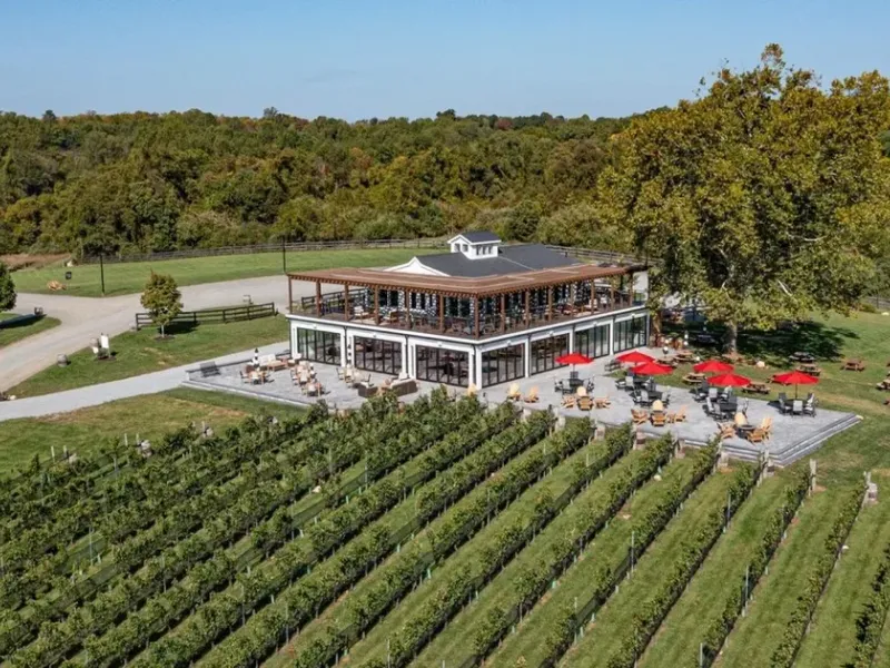 Aerial view of 50 West Vineyards with its tasting room terrace, vineyard rows, and surrounding grounds