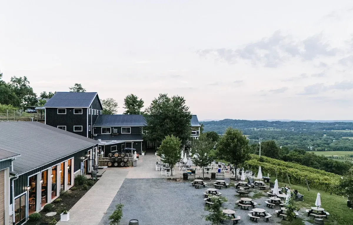 Bluemont Vineyard patio and buildings overlooking the Loudoun valley