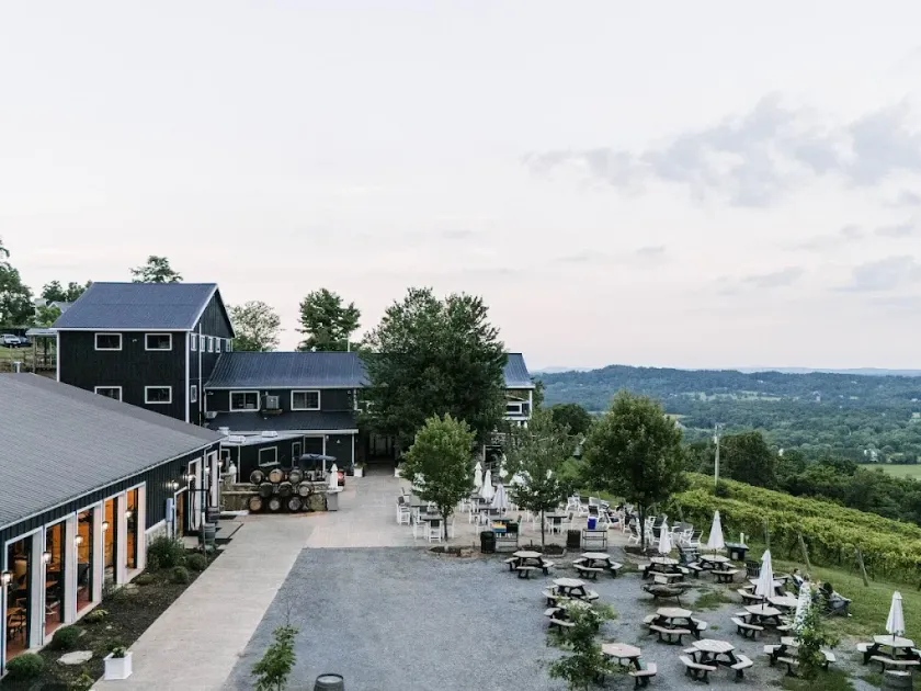 Bluemont Vineyard patio and buildings overlooking the Loudoun valley