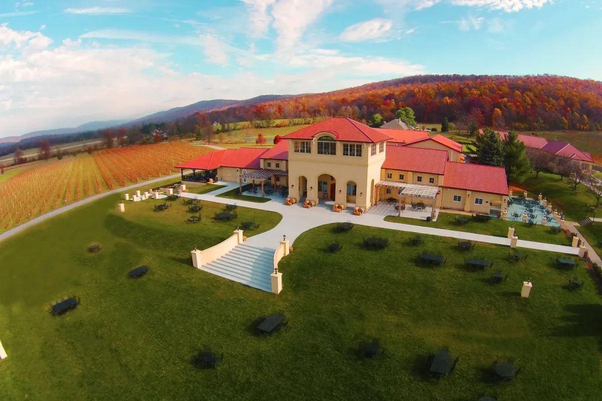 Aerial view of the Breaux Vineyards estate and surrounding vineyard hills