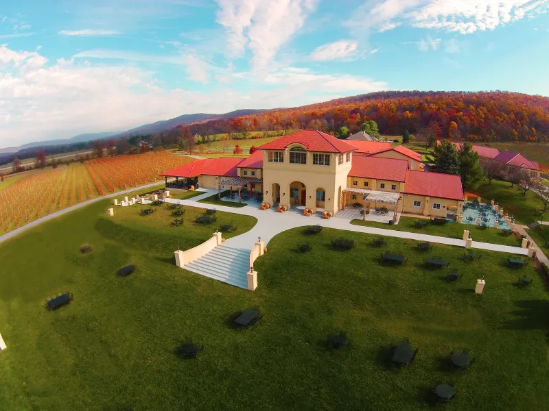 Aerial view of the Breaux Vineyards estate and surrounding vineyard hills