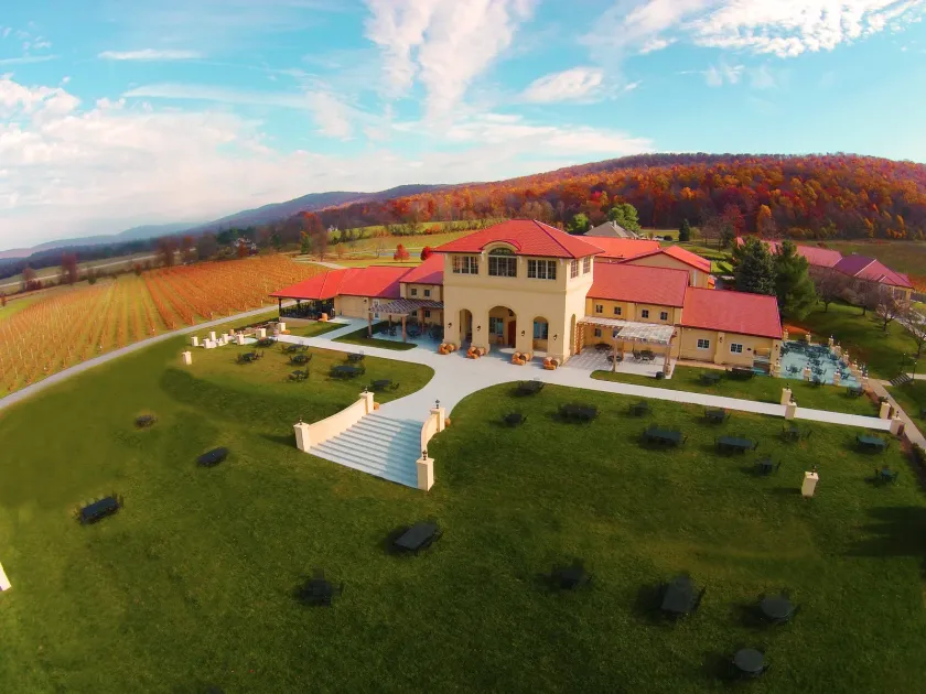 Aerial view of the Breaux Vineyards estate and surrounding vineyard hills