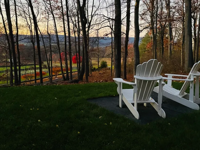 White Adirondack chairs overlooking the wooded valley at Farm de Vine