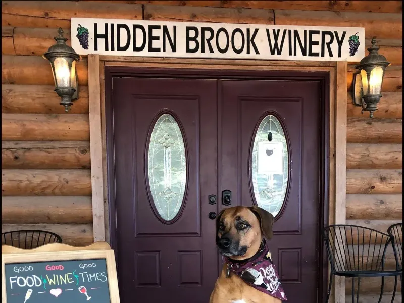 Hidden Brook Winery log-cabin entrance and welcome sign