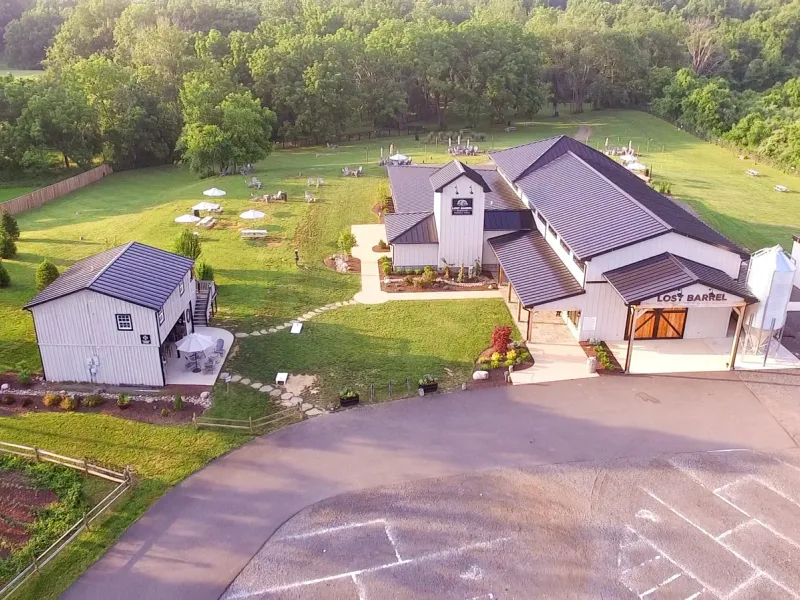 Aerial view of Lost Barrel Brewing buildings and lawn