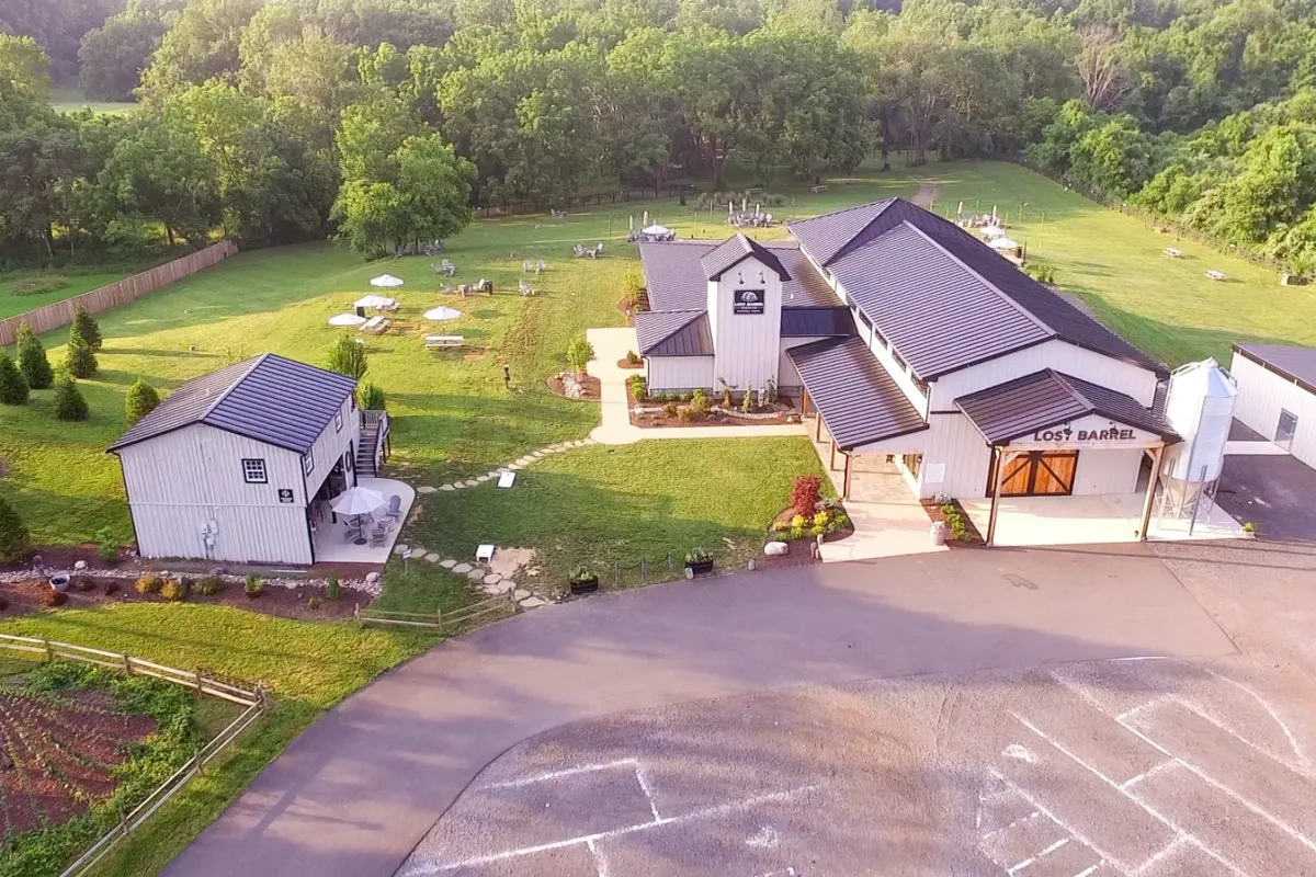 Aerial view of Lost Barrel Brewing buildings and lawn