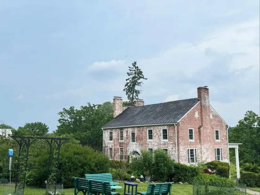 Zephaniah Farm Vineyard brick manor house and garden seating